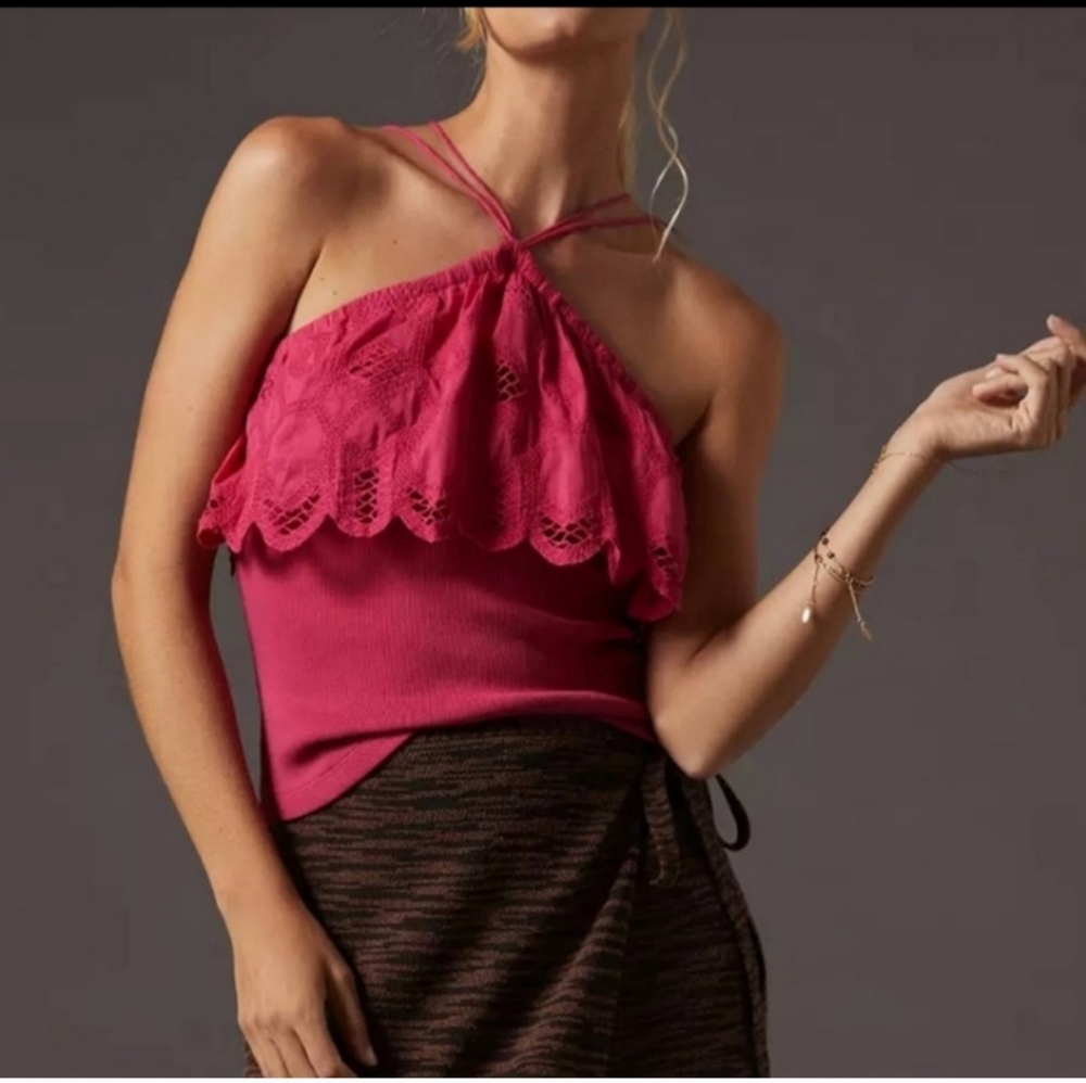 By Anthropology pink Ribbed ruffle Halter top size L